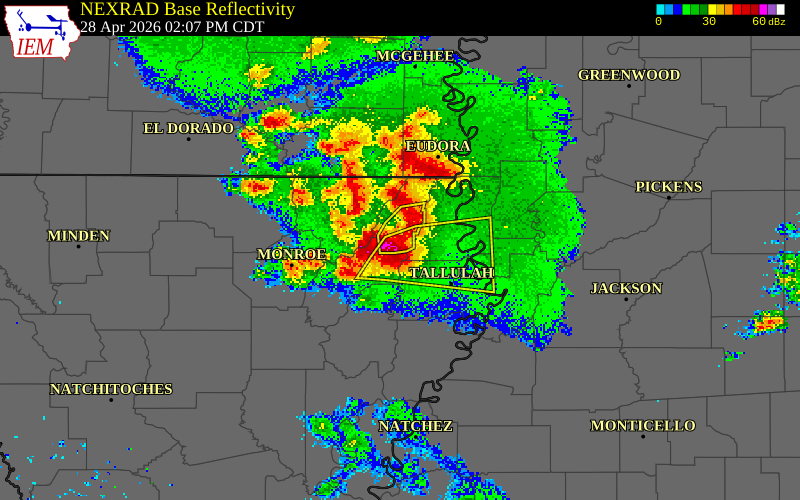 NEXRAD radar during the Tuesday, April 28, 2026 storm activity in West Carroll Parish, Louisiana
