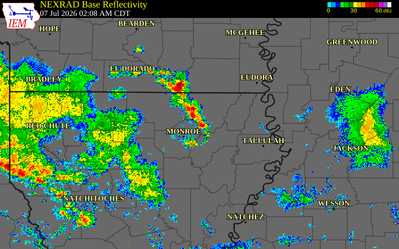 NEXRAD radar during the Tuesday, July 7, 2026 storm activity in West Carroll Parish, Louisiana