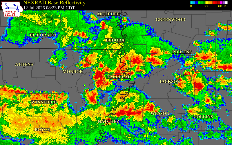 NEXRAD radar during the Sunday, July 12, 2026 storm activity in West Carroll Parish, Louisiana