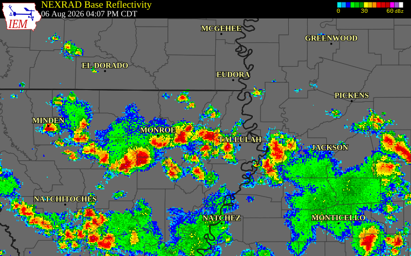 NEXRAD radar during the Thursday, August 6, 2026 storm activity in West Carroll Parish, Louisiana