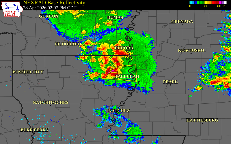 Radar snapshot during the Apr 28, 2026 hail event near Epps, West Carroll Parish, Louisiana, with NWS warning polygons