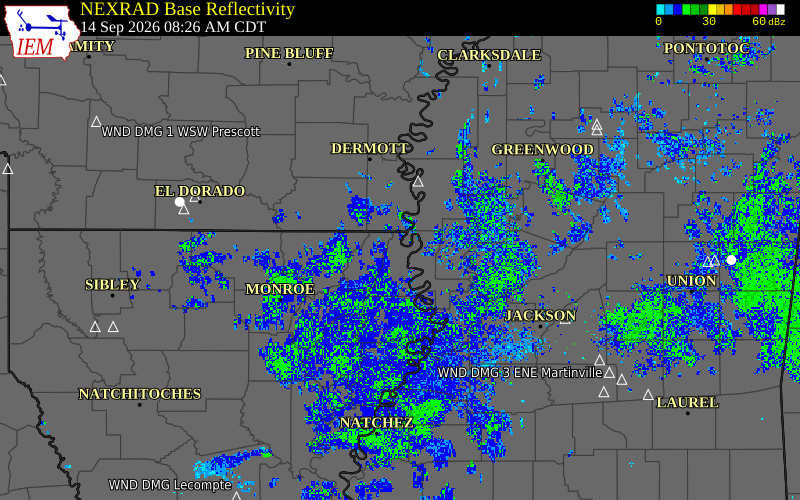 Current NEXRAD radar over West Carroll Parish, Louisiana with recent storm report locations