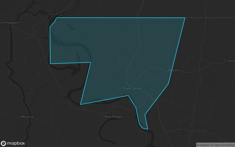 Map of West Feliciana Parish, Louisiana showing the county boundary and surrounding cities