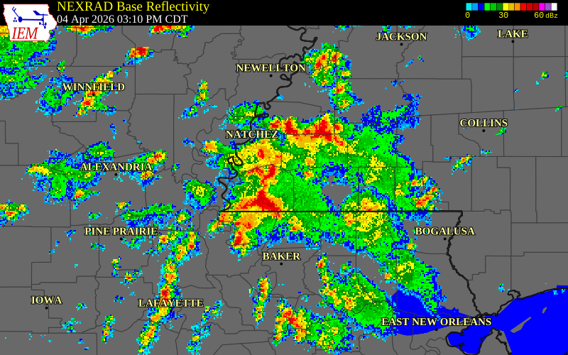 NEXRAD radar during the Saturday, April 4, 2026 storm activity in West Feliciana Parish, Louisiana