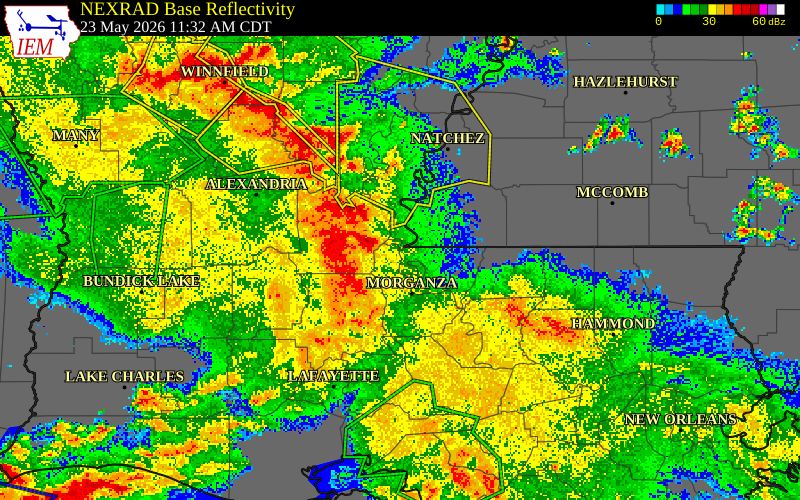 NEXRAD radar during the Saturday, May 23, 2026 storm activity in West Feliciana Parish, Louisiana