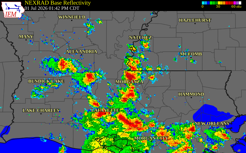 NEXRAD radar during the Wednesday, July 1, 2026 storm activity in West Feliciana Parish, Louisiana