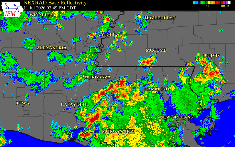NEXRAD radar during the Saturday, July 11, 2026 storm activity in West Feliciana Parish, Louisiana