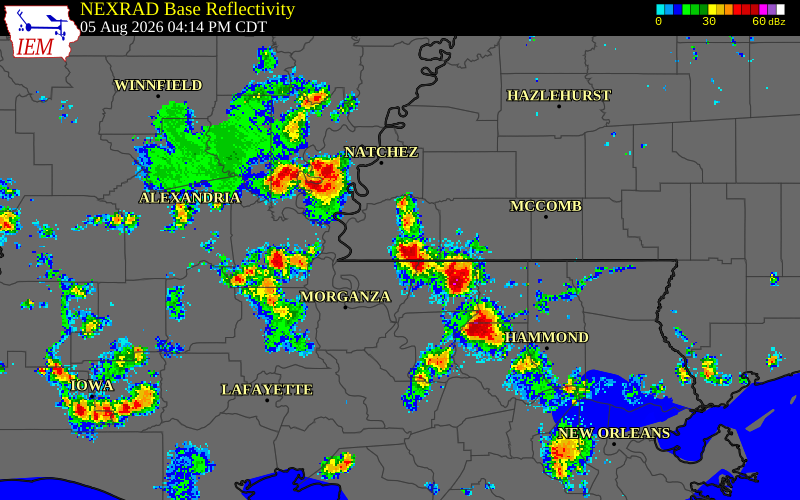 NEXRAD radar during the Wednesday, August 5, 2026 storm activity in West Feliciana Parish, Louisiana