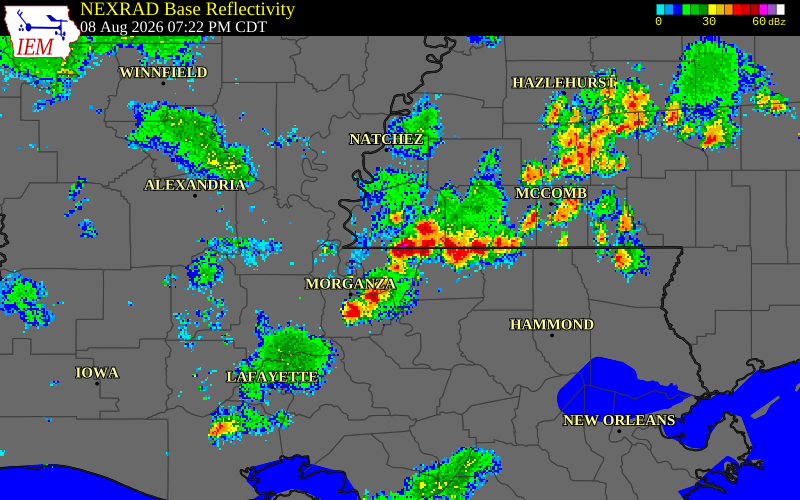 NEXRAD radar during the Saturday, August 8, 2026 storm activity in West Feliciana Parish, Louisiana
