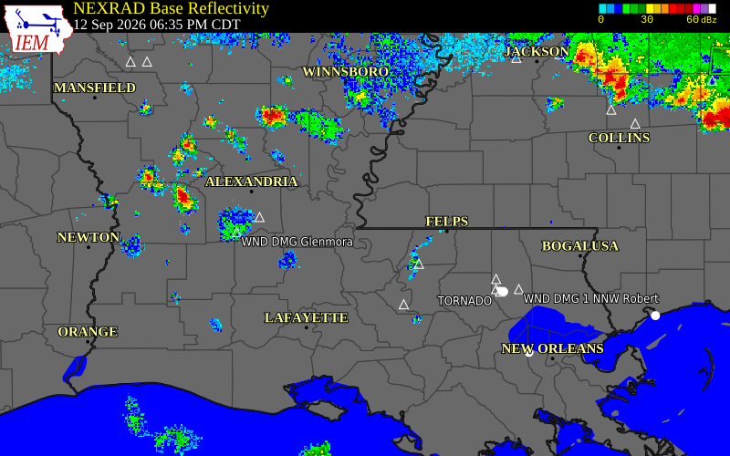 Current NEXRAD radar over West Feliciana Parish, Louisiana with recent storm report locations