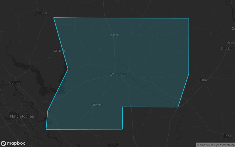 Map of Winn Parish, Louisiana showing the county boundary and surrounding cities