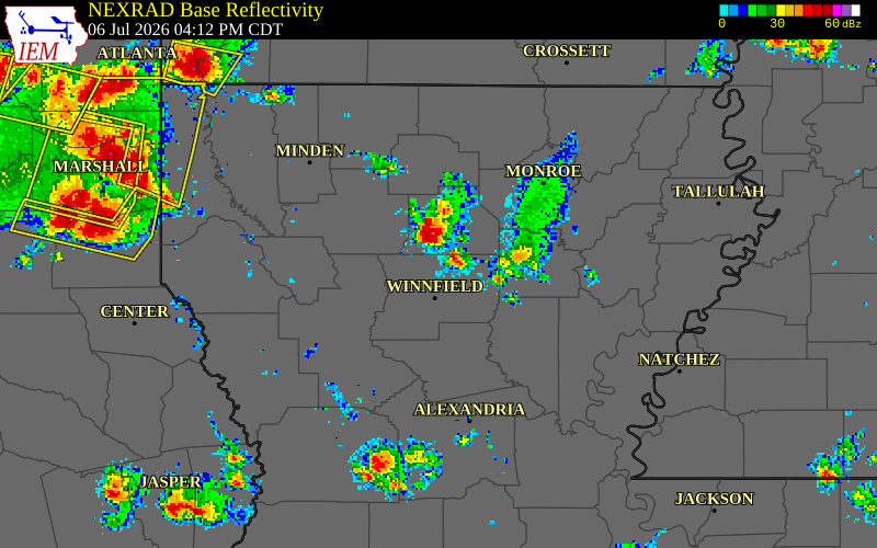 NEXRAD radar during the Monday, July 6, 2026 storm activity in Winn Parish, Louisiana