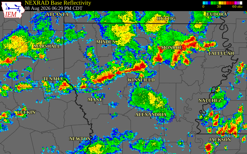 NEXRAD radar during the Saturday, August 8, 2026 storm activity in Winn Parish, Louisiana