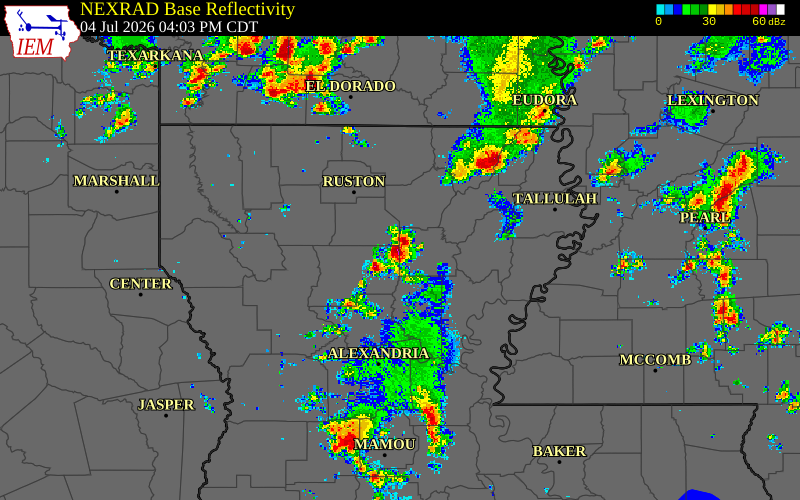 Radar snapshot during the Jul 4, 2026 wind event near Winn Parish, Winn Parish, Louisiana, with NWS warning polygons