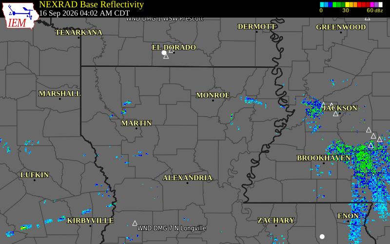 Current NEXRAD radar over Winn Parish, Louisiana with recent storm report locations