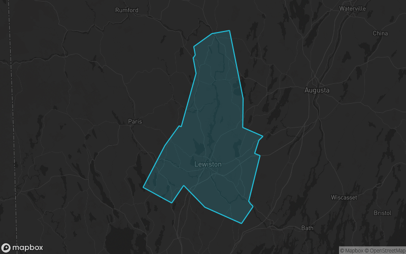 Map of Androscoggin County, Maine showing the county boundary and surrounding cities