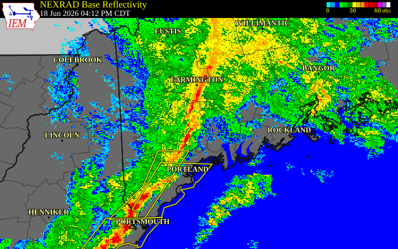 NEXRAD radar during the Thursday, June 18, 2026 storm activity in Androscoggin County, Maine