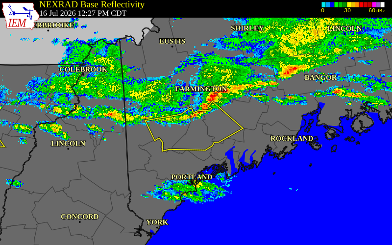 NEXRAD radar during the Thursday, July 16, 2026 storm activity in Androscoggin County, Maine