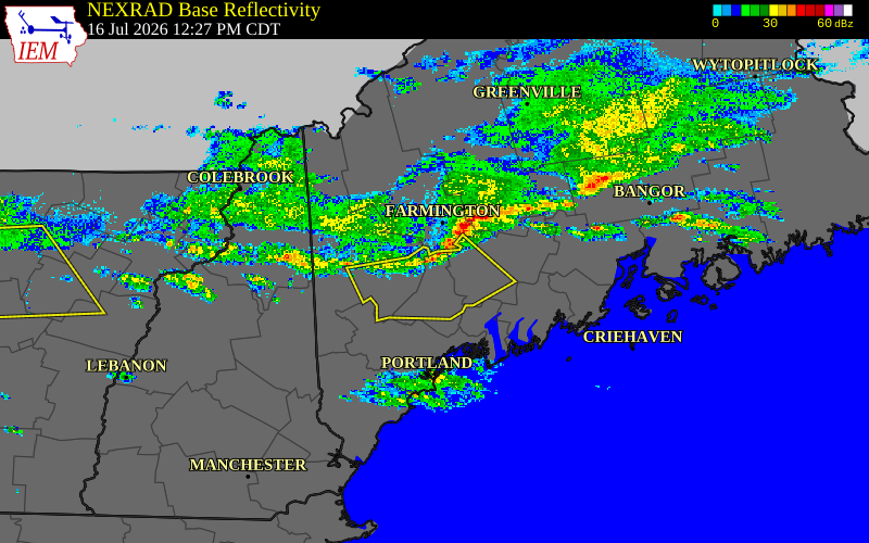 Radar snapshot during the Jul 16, 2026 wind event near 2 ENE Livermore, Androscoggin County, Maine, with NWS warning polygons