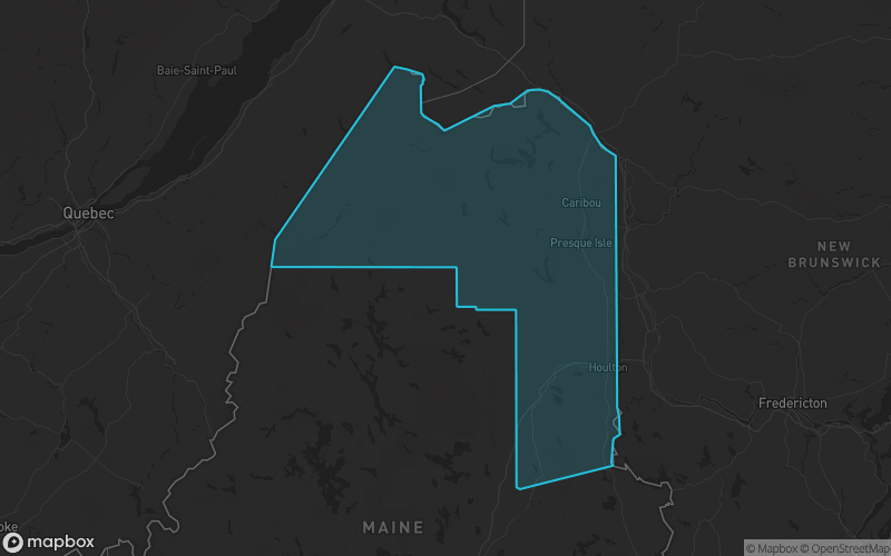 Map of Aroostook County, Maine showing the county boundary and surrounding cities