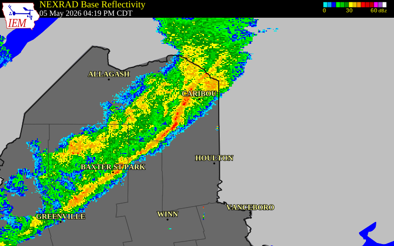 NEXRAD radar during the Tuesday, May 5, 2026 storm activity in Aroostook County, Maine