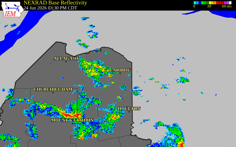 NEXRAD radar during the Wednesday, June 24, 2026 storm activity in Aroostook County, Maine