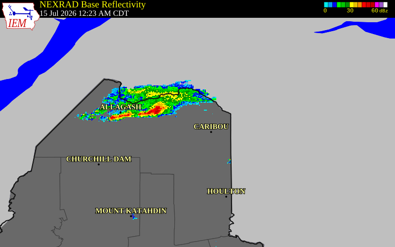 NEXRAD radar during the Wednesday, July 15, 2026 storm activity in Aroostook County, Maine