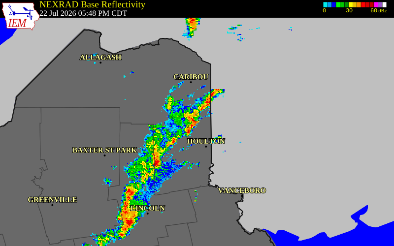 NEXRAD radar during the Wednesday, July 22, 2026 storm activity in Aroostook County, Maine