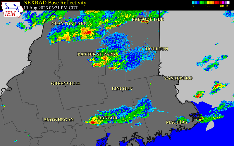 NEXRAD radar during the Thursday, August 13, 2026 storm activity in Aroostook County, Maine