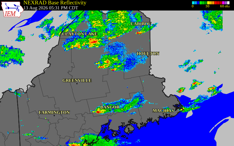 Radar snapshot during the Aug 13, 2026 hail event near Aroostook County, Aroostook County, Maine, with NWS warning polygons