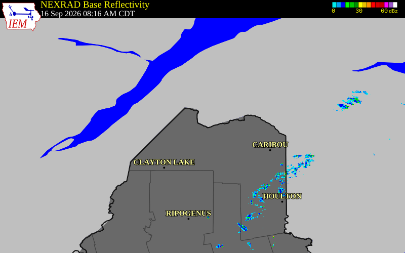 Current NEXRAD radar over Aroostook County, Maine with recent storm report locations