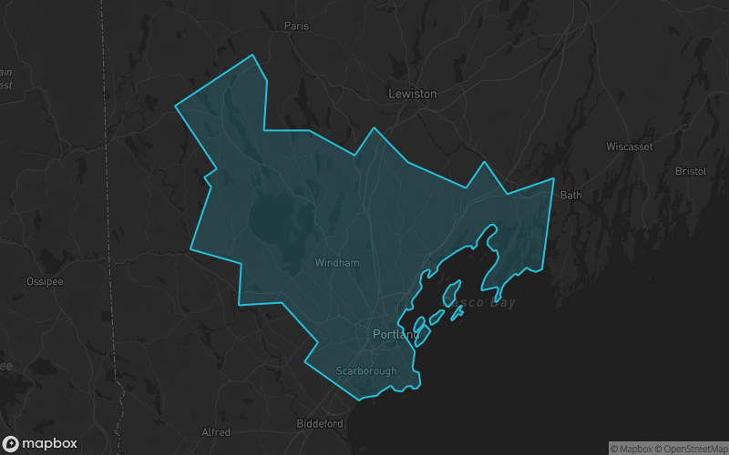 Map of Cumberland County, Maine showing the county boundary and surrounding cities
