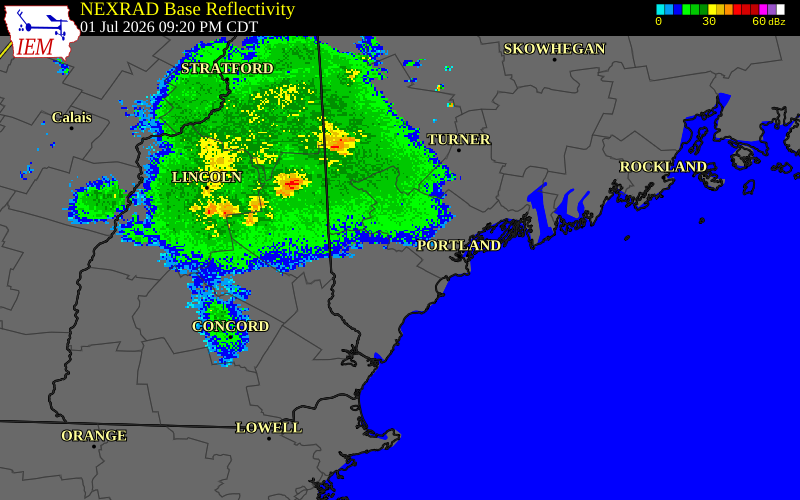 NEXRAD radar during the Wednesday, July 1, 2026 storm activity in Cumberland County, Maine