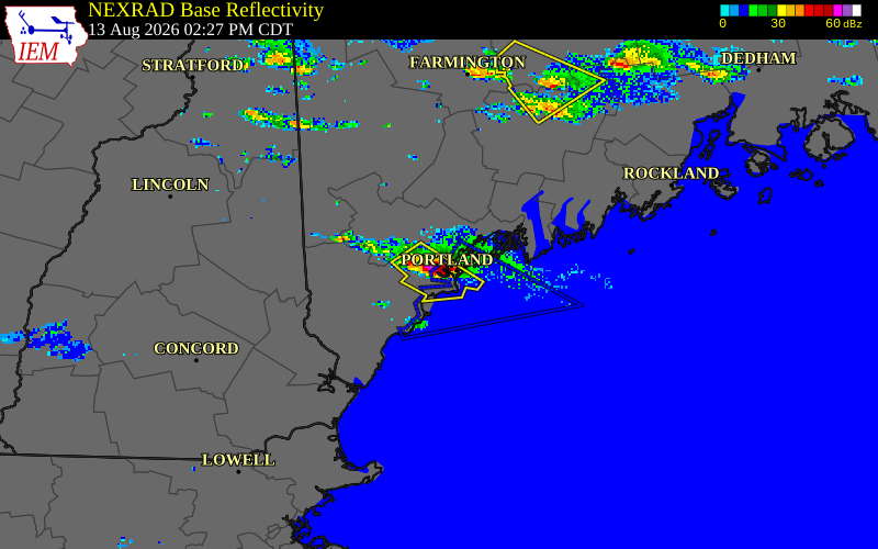 NEXRAD radar during the Thursday, August 13, 2026 storm activity in Cumberland County, Maine