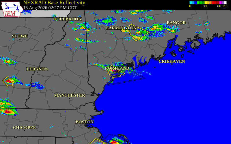 Radar snapshot during the Aug 13, 2026 wind event near Portland Jetport, Cumberland County, Maine, with NWS warning polygons