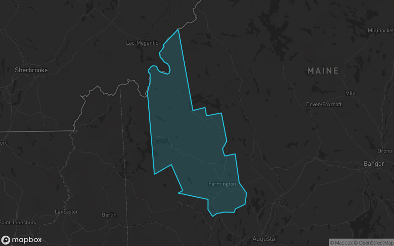 Map of Franklin County, Maine showing the county boundary and surrounding cities