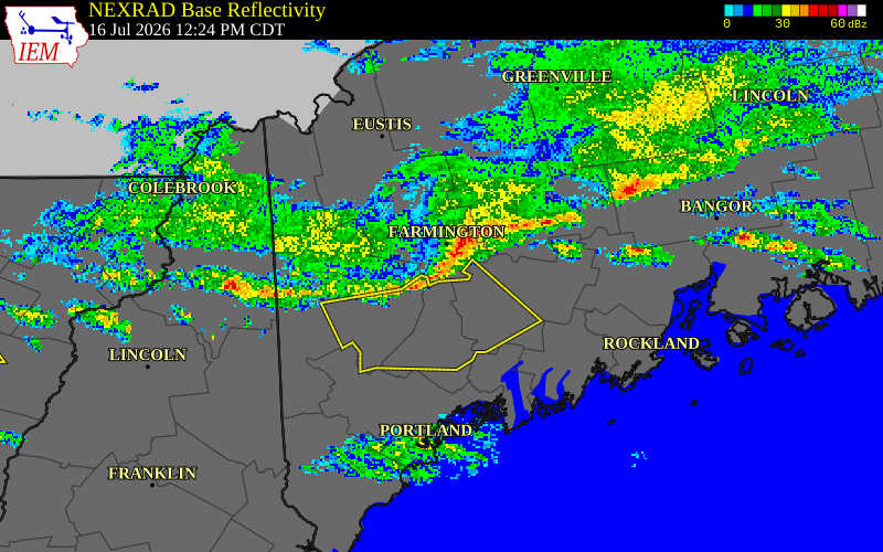NEXRAD radar during the Thursday, July 16, 2026 storm activity in Franklin County, Maine