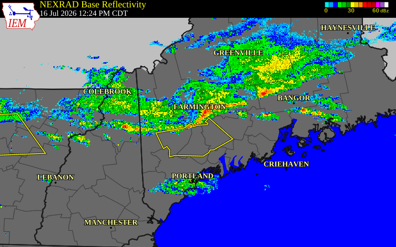 Radar snapshot during the Jul 16, 2026 wind event near 2 ENE Jay, Franklin County, Maine, with NWS warning polygons