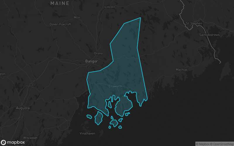 Map of Hancock County, Maine showing the county boundary and surrounding cities