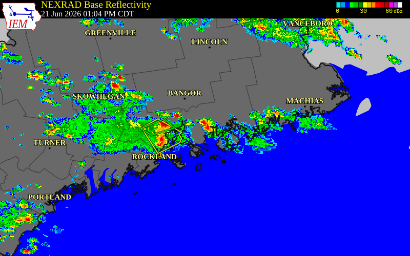 NEXRAD radar during the Sunday, June 21, 2026 storm activity in Hancock County, Maine