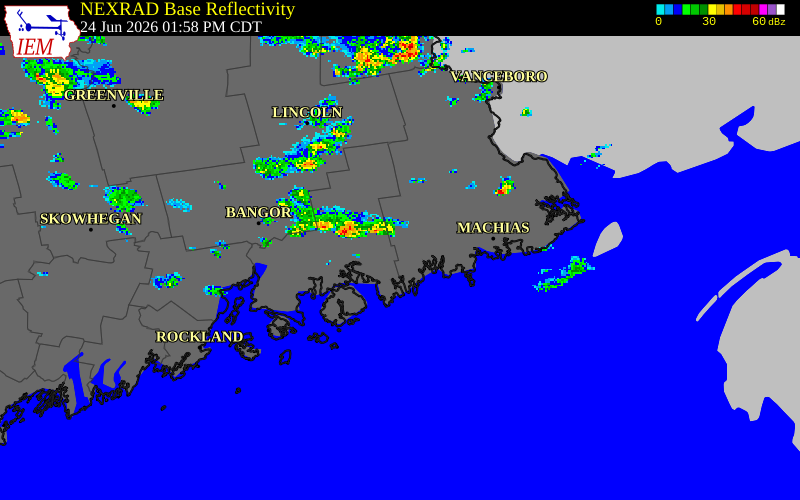 NEXRAD radar during the Wednesday, June 24, 2026 storm activity in Hancock County, Maine