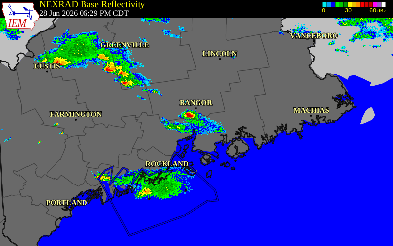 NEXRAD radar during the Sunday, June 28, 2026 storm activity in Hancock County, Maine