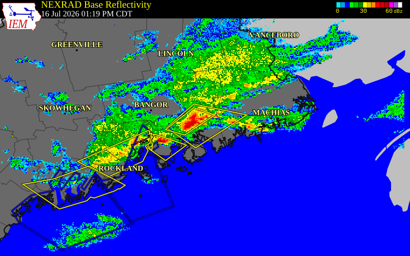 NEXRAD radar during the Thursday, July 16, 2026 storm activity in Hancock County, Maine
