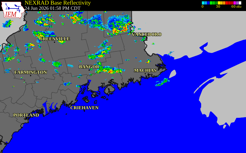 Radar snapshot during the Jun 24, 2026 hail event near Hancock County, Hancock County, Maine, with NWS warning polygons