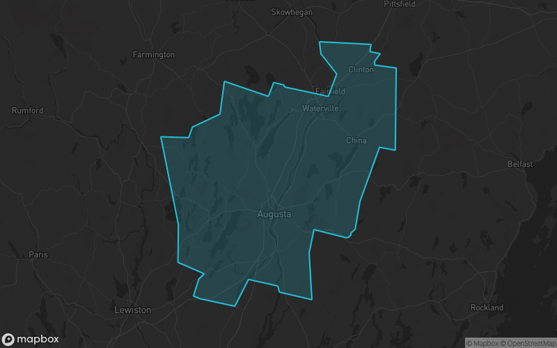 Map of Kennebec County, Maine showing the county boundary and surrounding cities