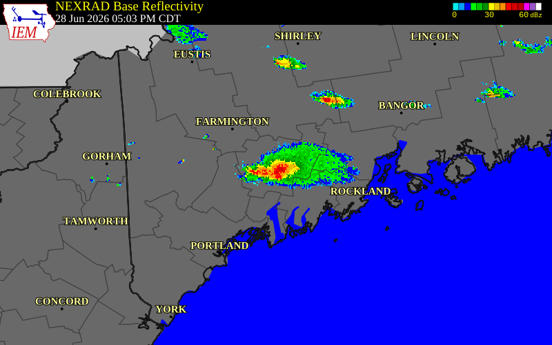 NEXRAD radar during the Sunday, June 28, 2026 storm activity in Kennebec County, Maine