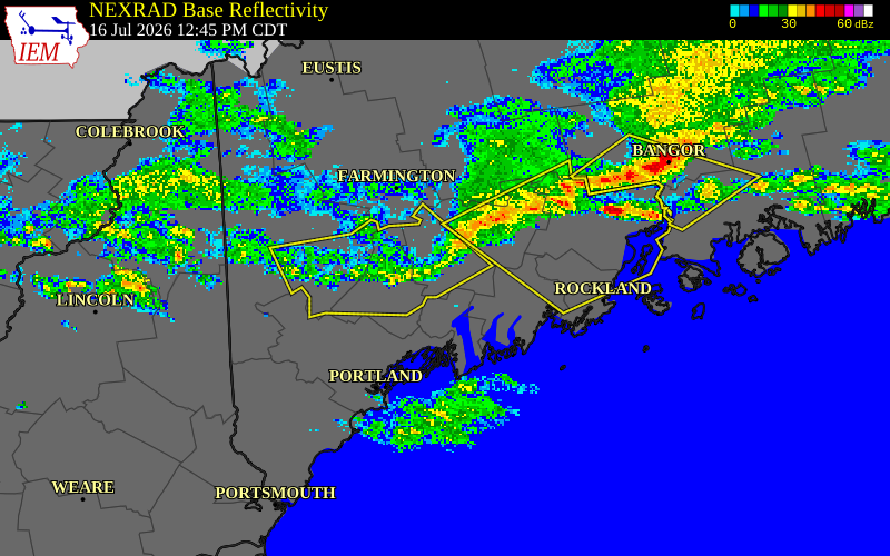 NEXRAD radar during the Thursday, July 16, 2026 storm activity in Kennebec County, Maine