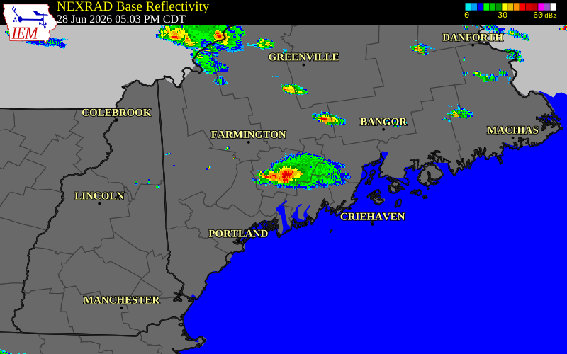 Radar snapshot during the Jun 28, 2026 wind event near 1 WNW Augusta, Kennebec County, Maine, with NWS warning polygons