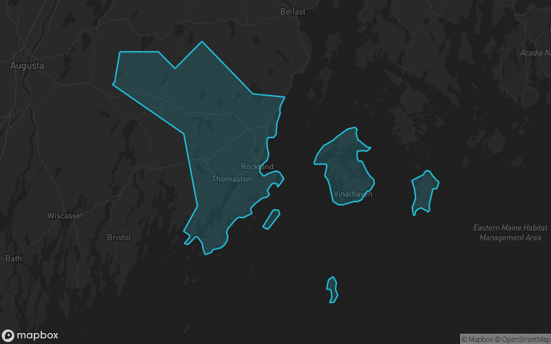 Map of Knox County, Maine showing the county boundary and surrounding cities