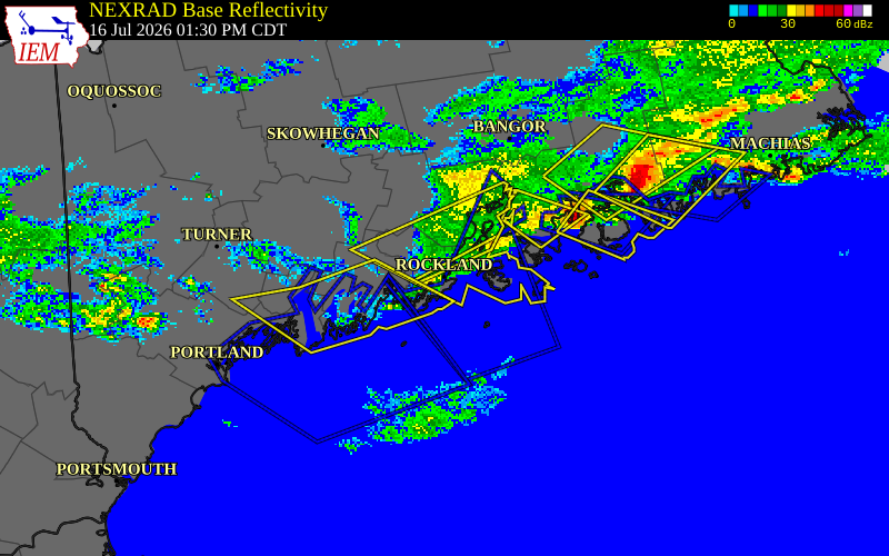 NEXRAD radar during the Thursday, July 16, 2026 storm activity in Knox County, Maine